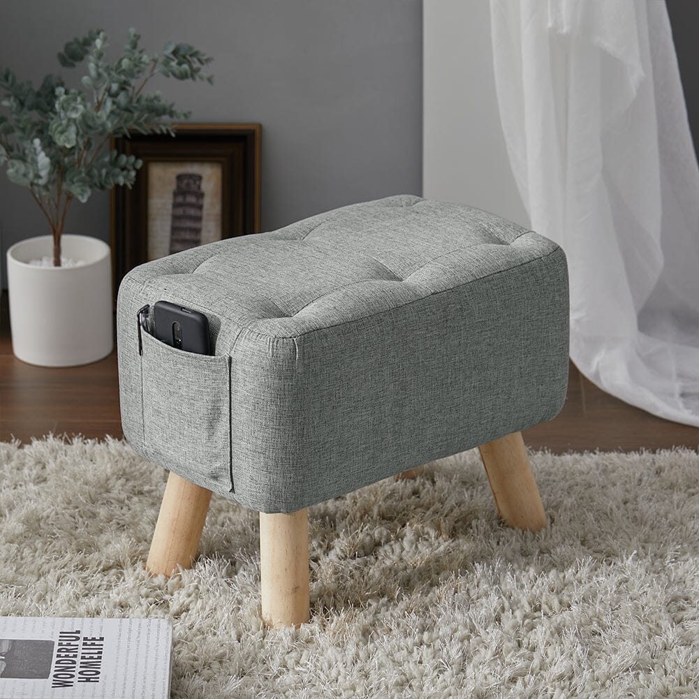 Linen Fabric Footstool Collection: Tufted Stool with Side Pocket & Low-Profile Footrest Living and Home 