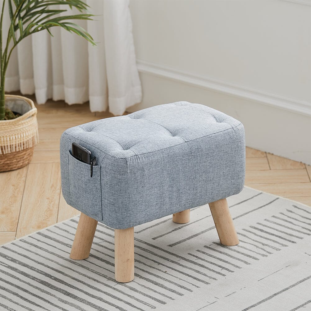 Linen Fabric Footstool Collection: Tufted Stool with Side Pocket & Low-Profile Footrest Living and Home 