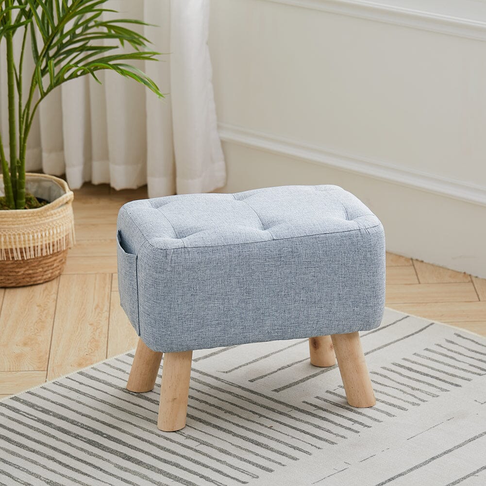 Linen Fabric Footstool Collection: Tufted Stool with Side Pocket & Low-Profile Footrest Living and Home Tufted Stool with Side Pocket Blue 