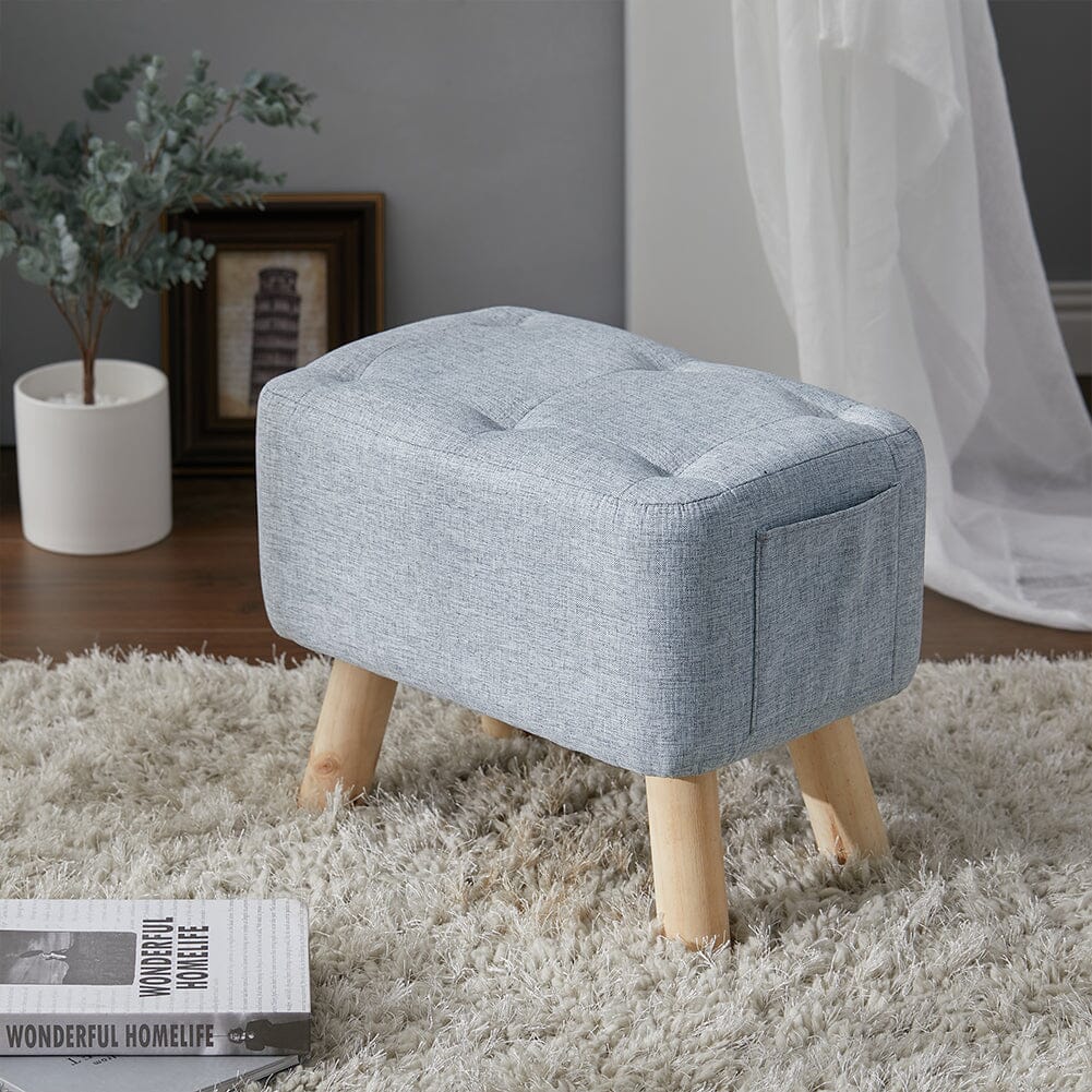 Linen Fabric Footstool Collection: Tufted Stool with Side Pocket & Low-Profile Footrest Living and Home 