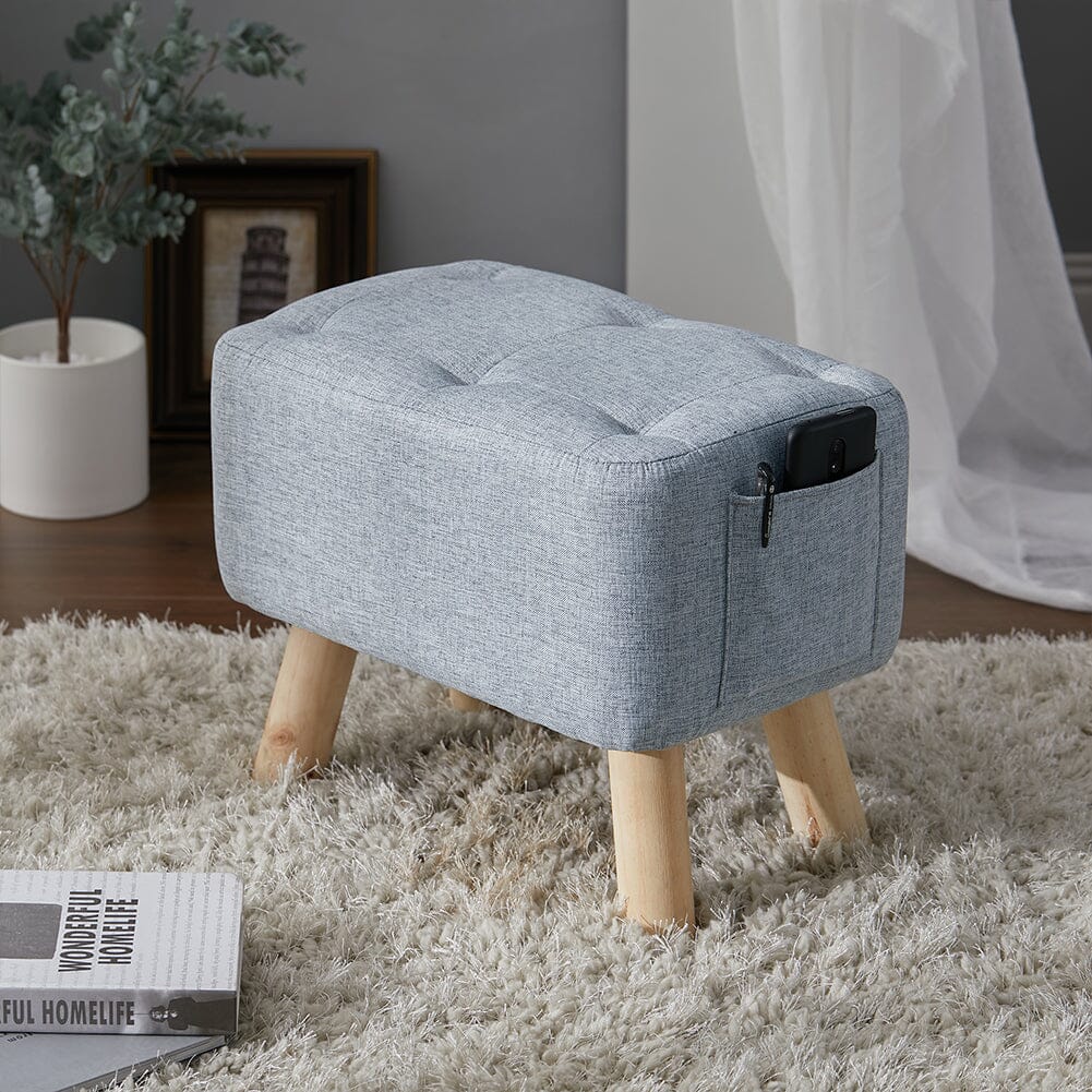 Linen Fabric Footstool Collection: Tufted Stool with Side Pocket & Low-Profile Footrest Living and Home 