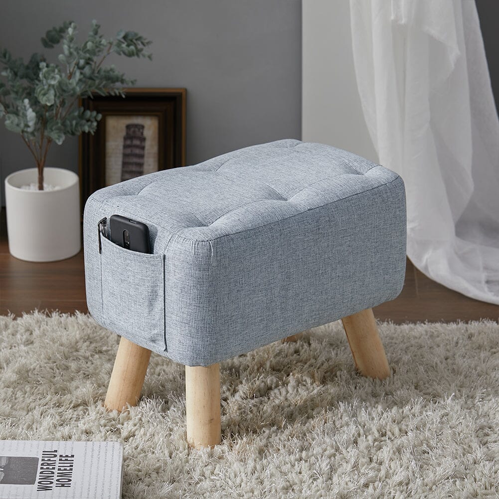 Linen Fabric Footstool Collection: Tufted Stool with Side Pocket & Low-Profile Footrest Living and Home 