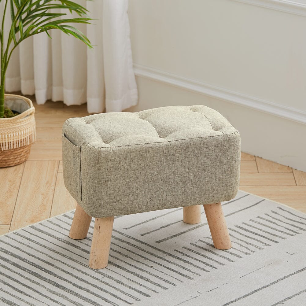 Linen Fabric Footstool Collection: Tufted Stool with Side Pocket & Low-Profile Footrest Living and Home Tufted Stool with Side Pocket Khaki 