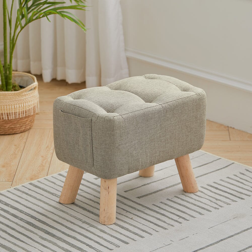 Linen Fabric Footstool Collection: Tufted Stool with Side Pocket & Low-Profile Footrest Living and Home 