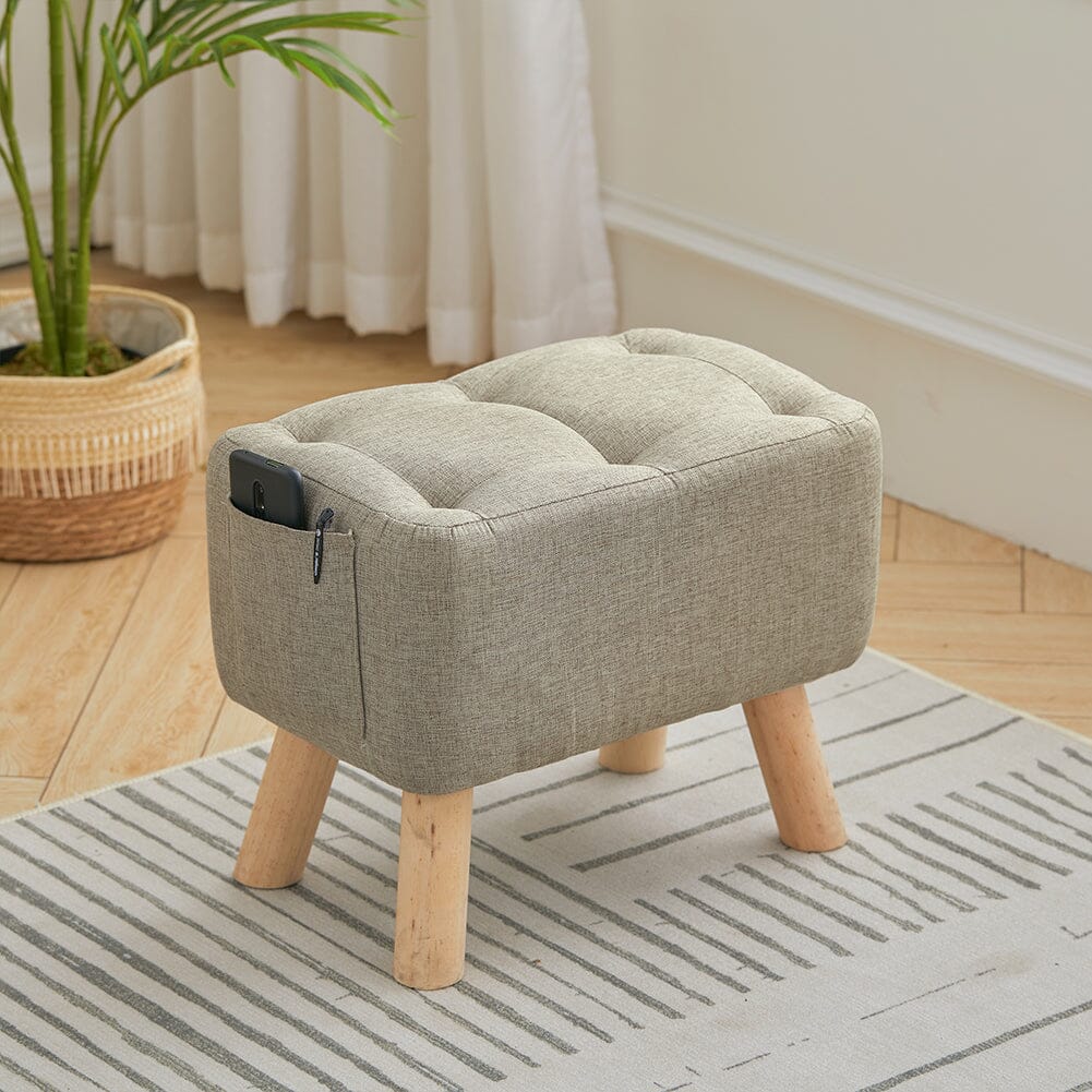 Linen Fabric Footstool Collection: Tufted Stool with Side Pocket & Low-Profile Footrest Living and Home 
