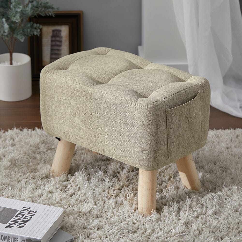 Linen Fabric Footstool Collection: Tufted Stool with Side Pocket & Low-Profile Footrest Living and Home 