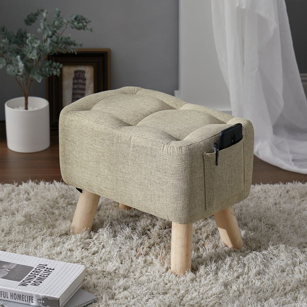 Linen Fabric Footstool Collection: Tufted Stool with Side Pocket & Low-Profile Footrest Living and Home 