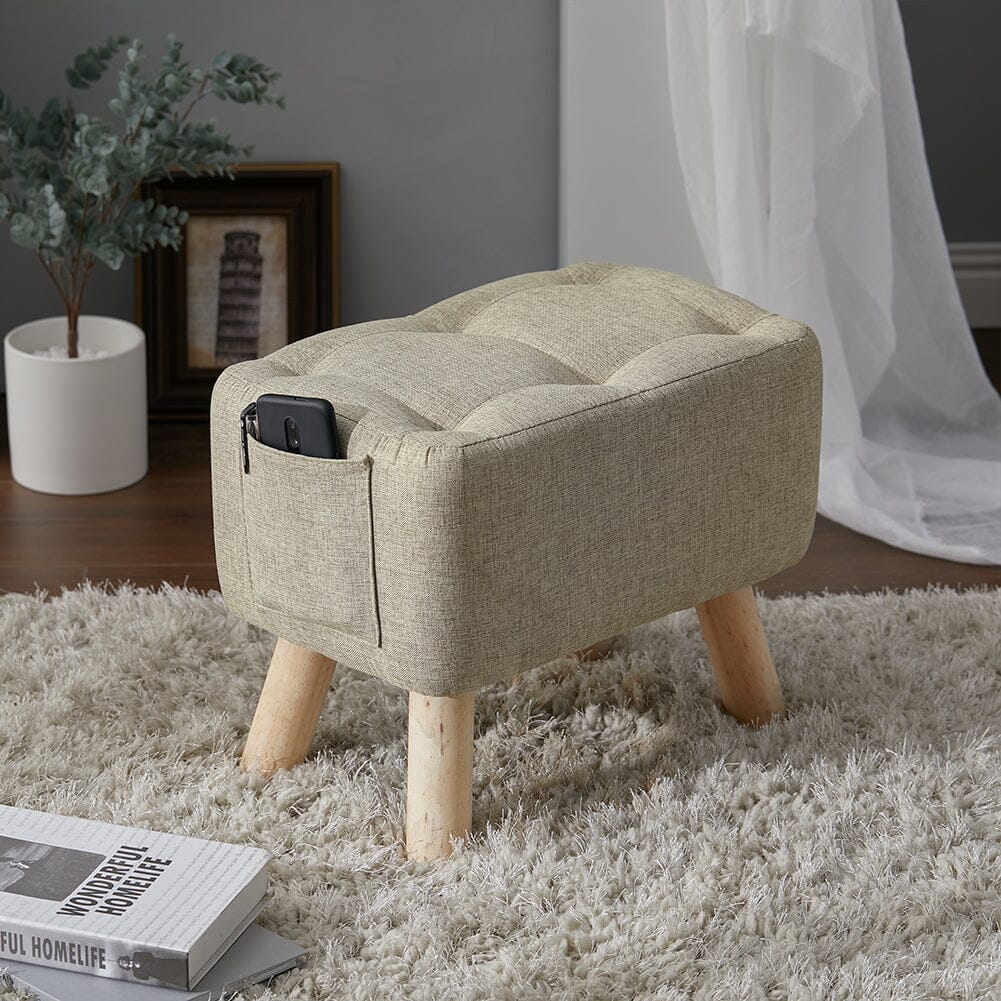 Linen Fabric Footstool Collection: Tufted Stool with Side Pocket & Low-Profile Footrest Living and Home 