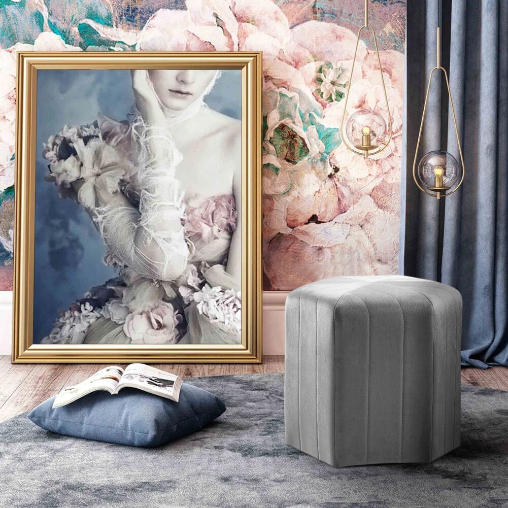 Octagonal Ribbed Ottoman Grey Velvet Living and Home 
