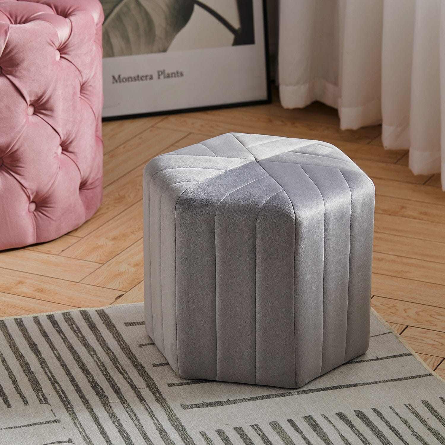 Octagonal Ribbed Ottoman Grey Velvet Living and Home 