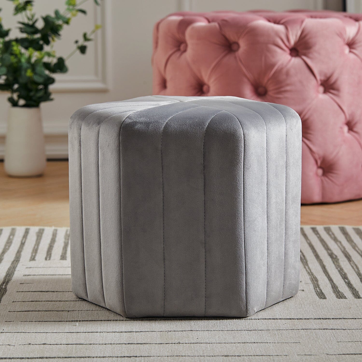 Octagonal Ribbed Ottoman Grey Velvet Living and Home 