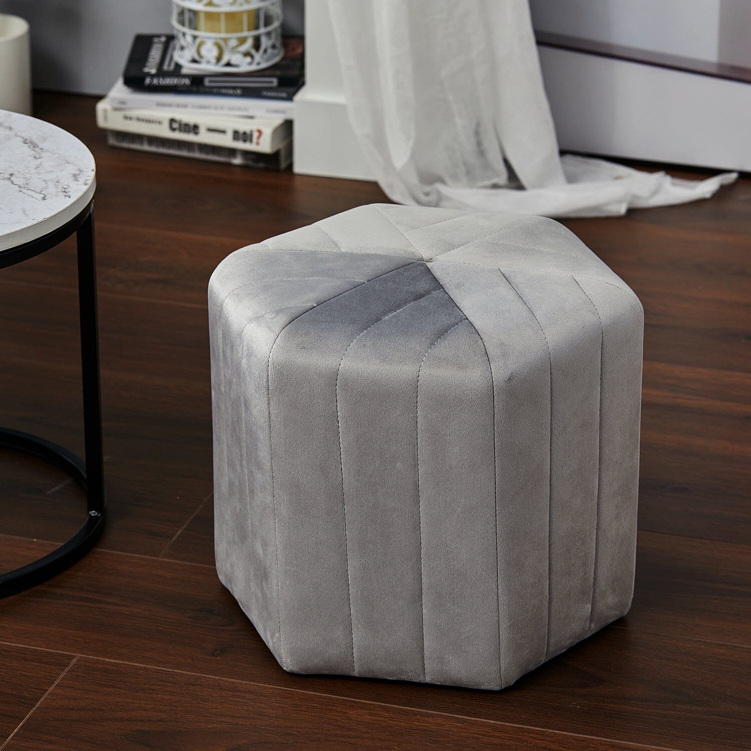 Octagonal Ribbed Ottoman Grey Velvet Living and Home 