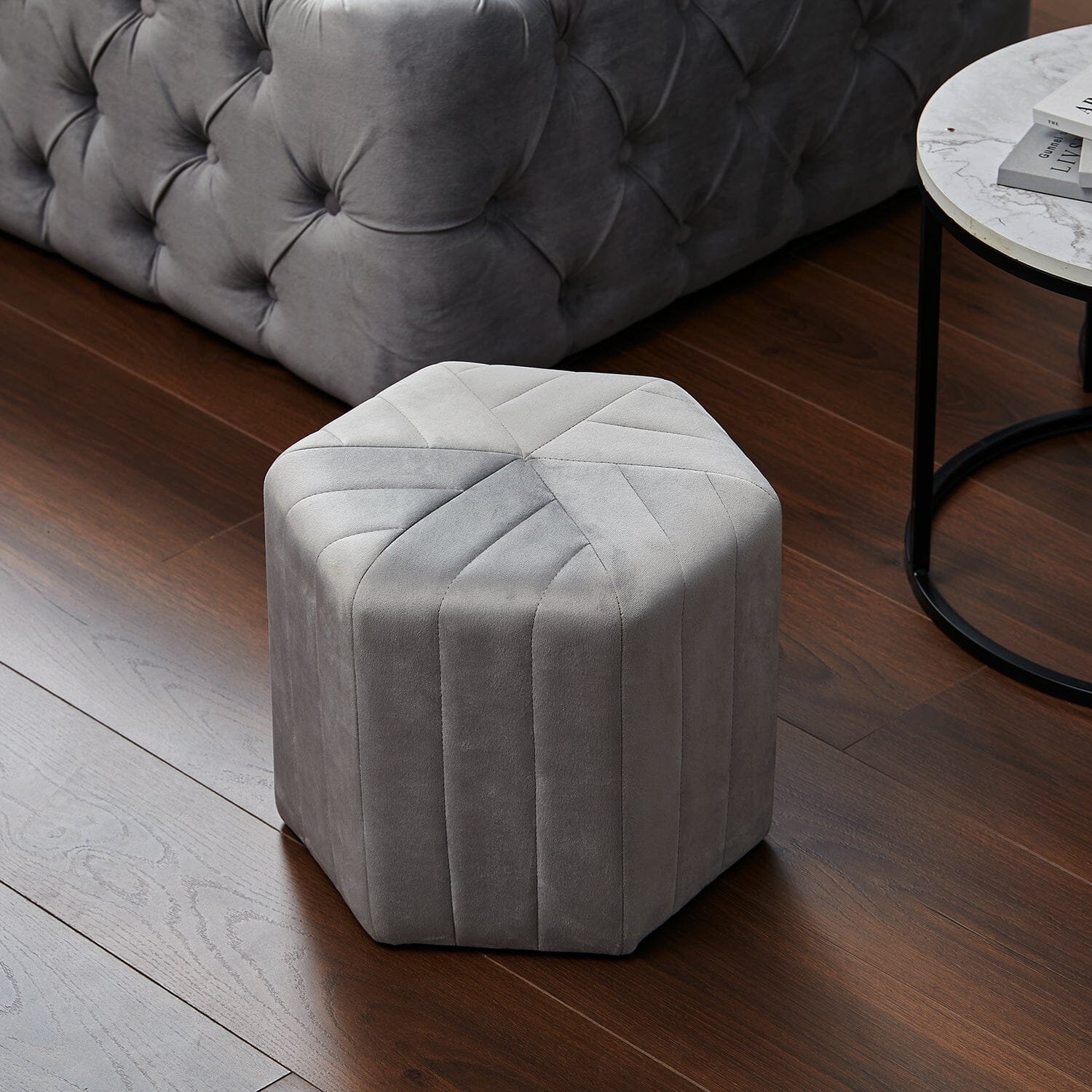 Octagonal Ribbed Ottoman Grey Velvet Living and Home 