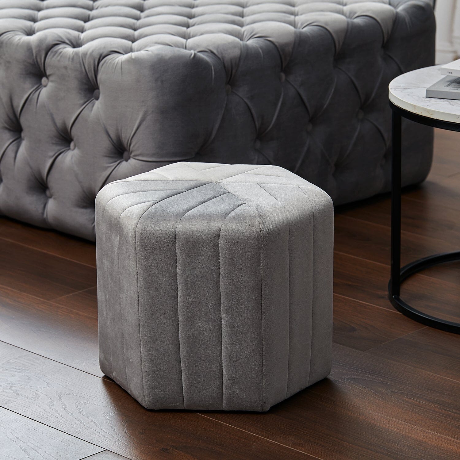 Octagonal Ribbed Ottoman Grey Velvet Living and Home 