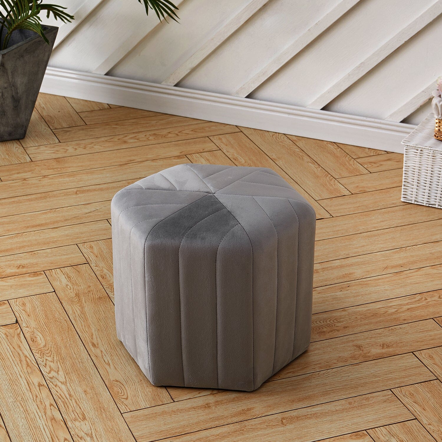 Octagonal Ribbed Ottoman Grey Velvet Living and Home 