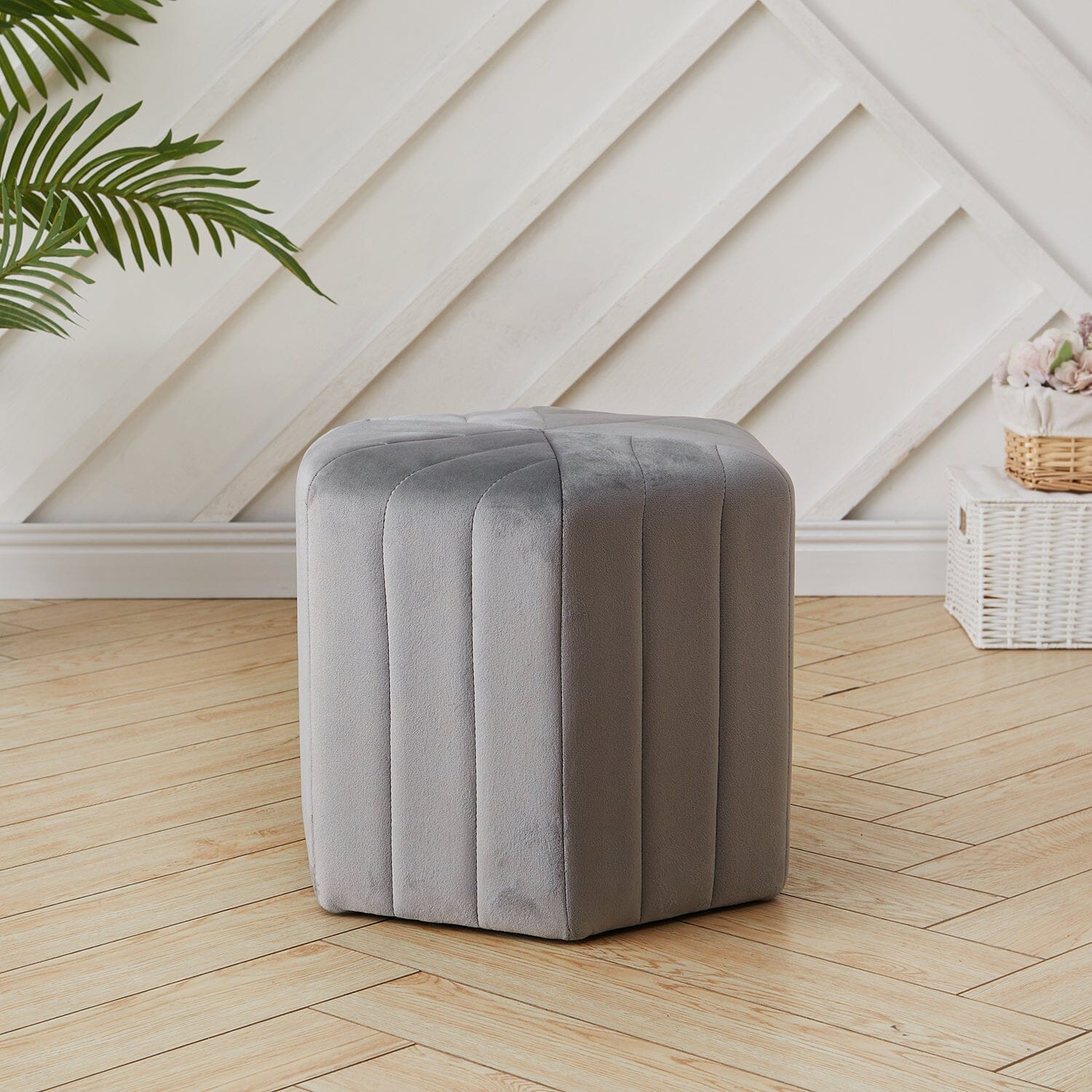 Octagonal Ribbed Ottoman Grey Velvet Living and Home 