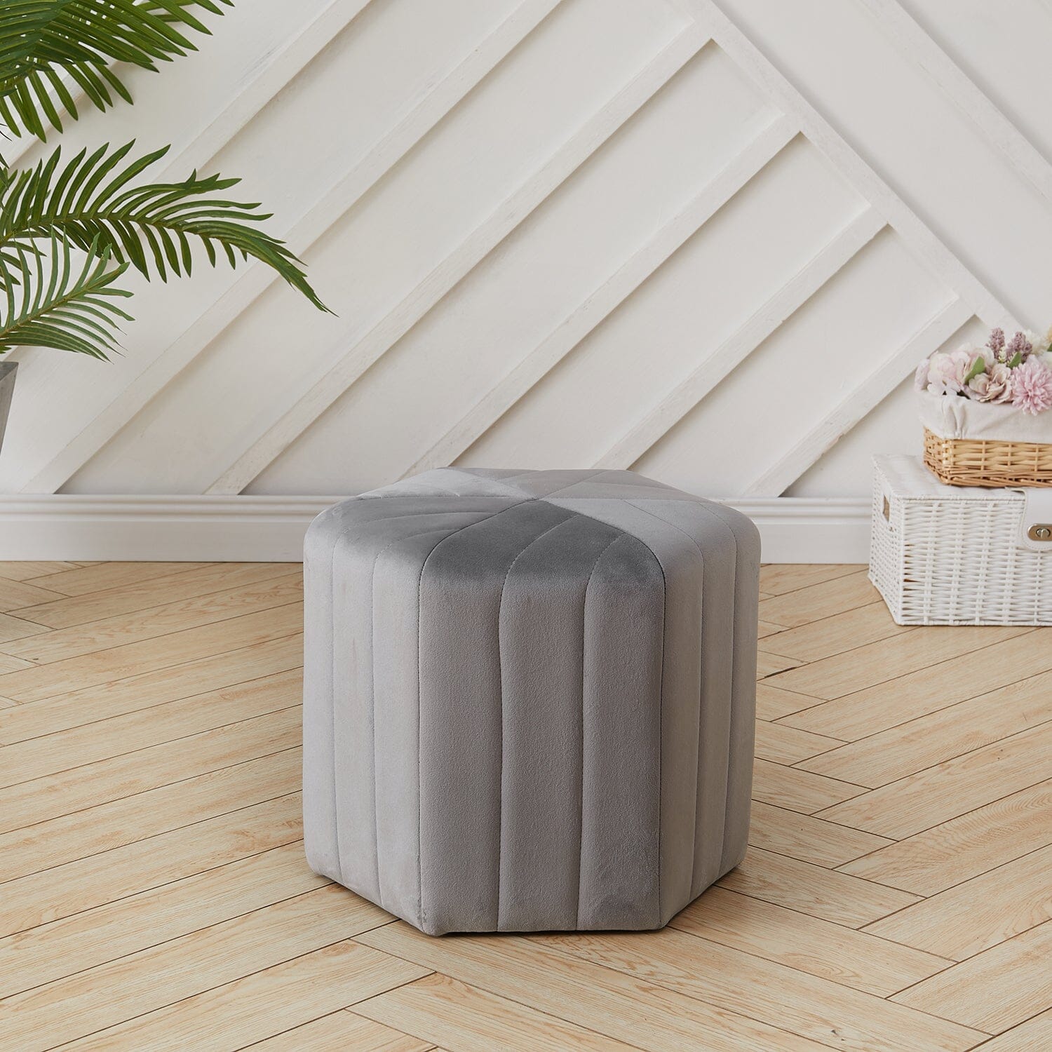 Octagonal Ribbed Ottoman Grey Velvet Living and Home 