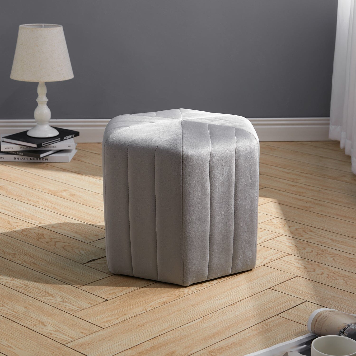 Octagonal Ribbed Ottoman Grey Velvet Living and Home 