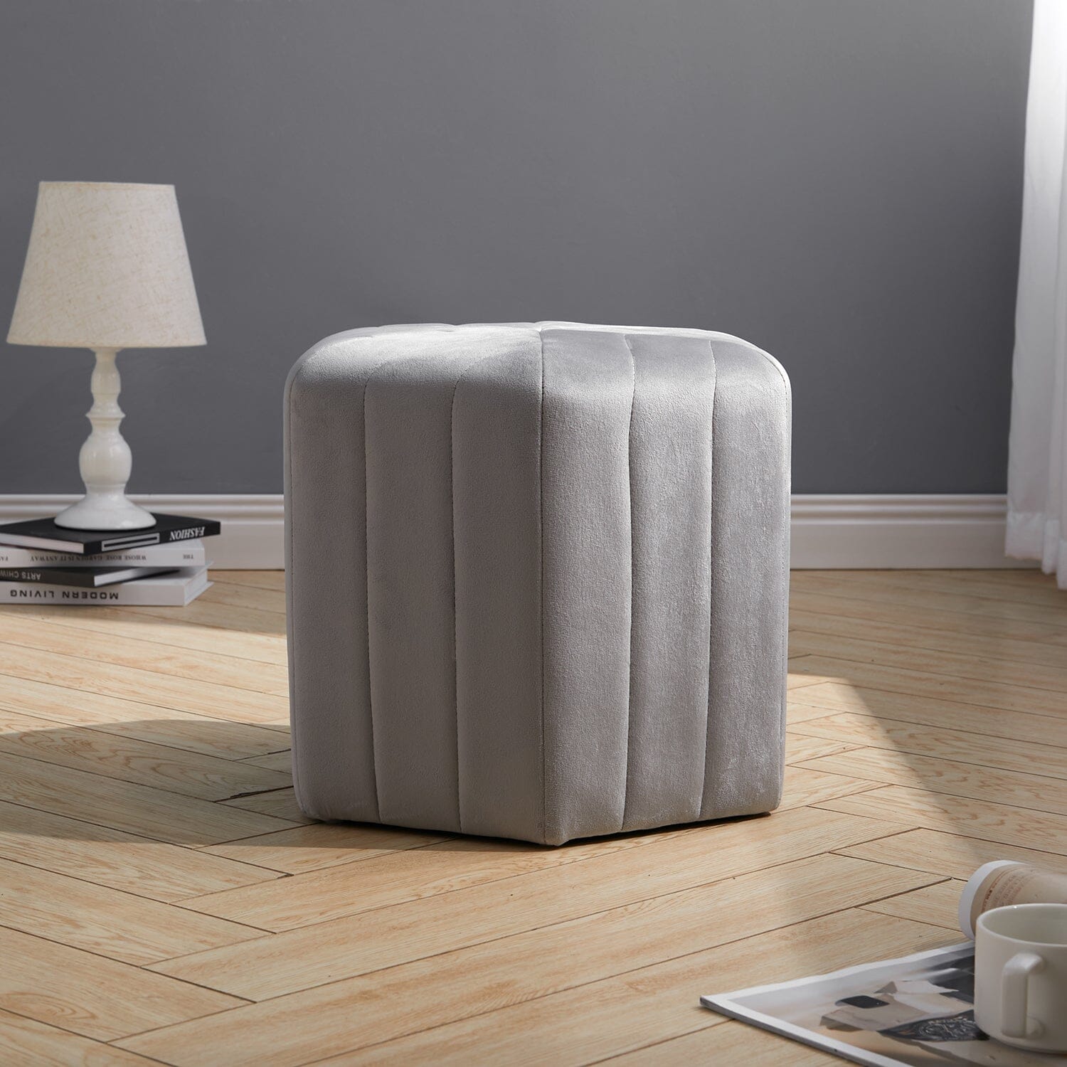 Octagonal Ribbed Ottoman Grey Velvet Living and Home 