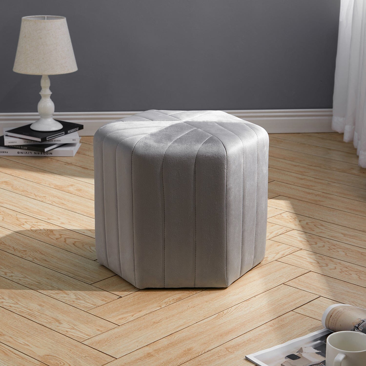 Octagonal Ribbed Ottoman Grey Velvet Living and Home 