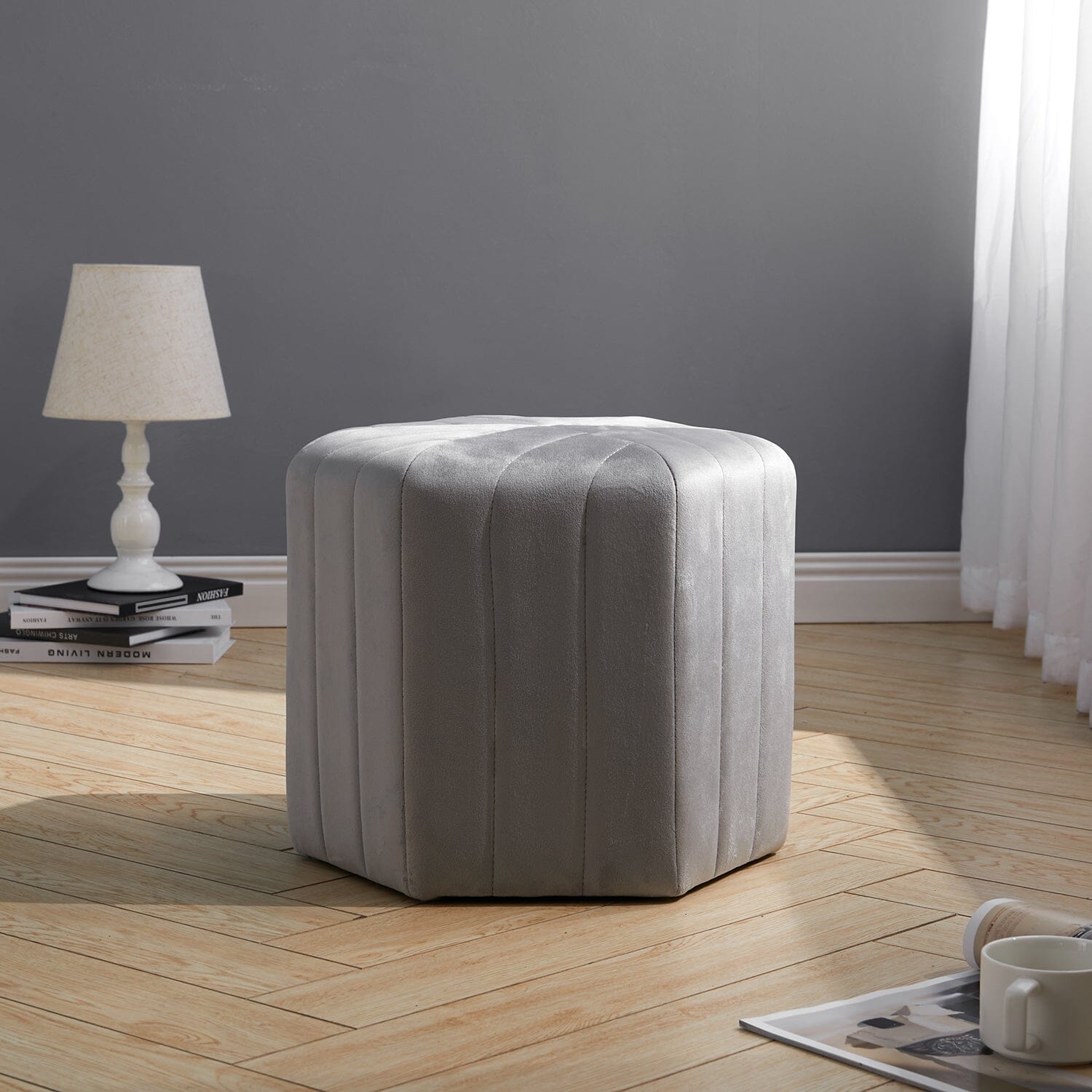 Octagonal Ribbed Ottoman Grey Velvet Living and Home 