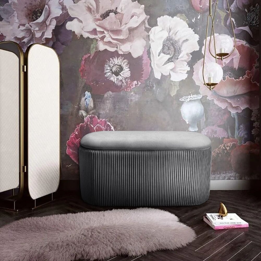 Slate Grey Velvet Storage Ottoman Stool 76x39x40.5cm with Pleated Design Living and Home 