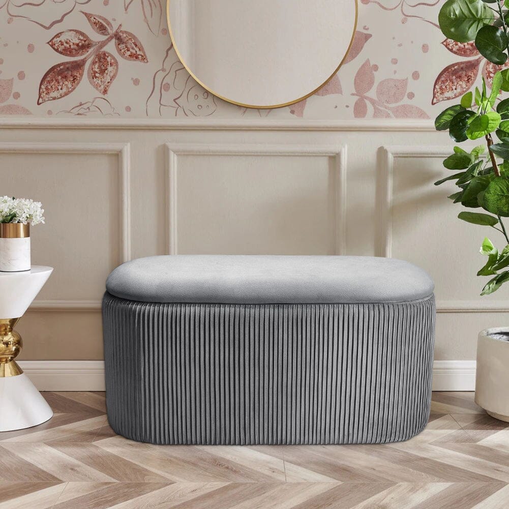 Slate Grey Velvet Storage Ottoman Stool 76x39x40.5cm with Pleated Design Living and Home 