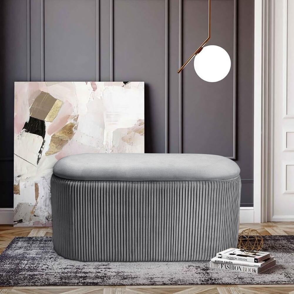 Slate Grey Velvet Storage Ottoman Stool 76x39x40.5cm with Pleated Design Living and Home 