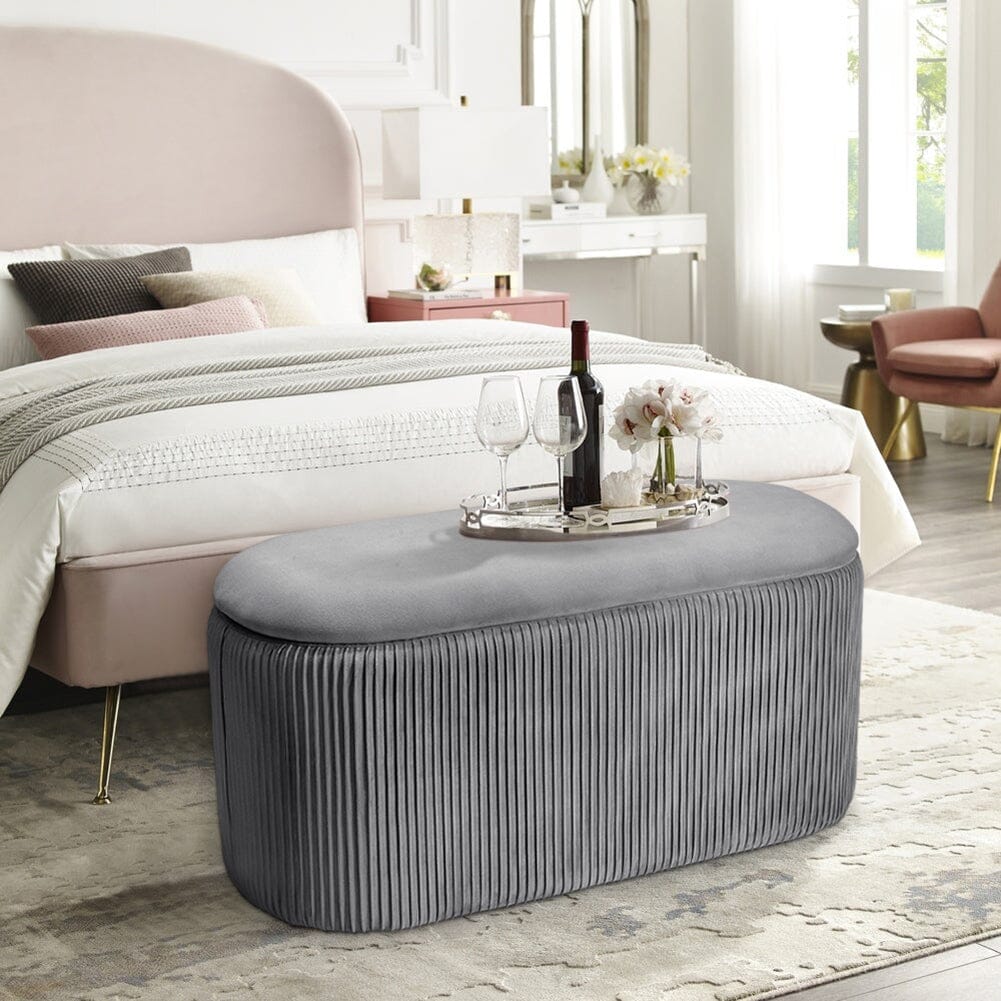 Slate Grey Velvet Storage Ottoman Stool 76x39x40.5cm with Pleated Design Living and Home 