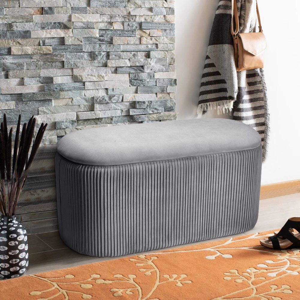 Slate Grey Velvet Storage Ottoman Stool 76x39x40.5cm with Pleated Design Living and Home 
