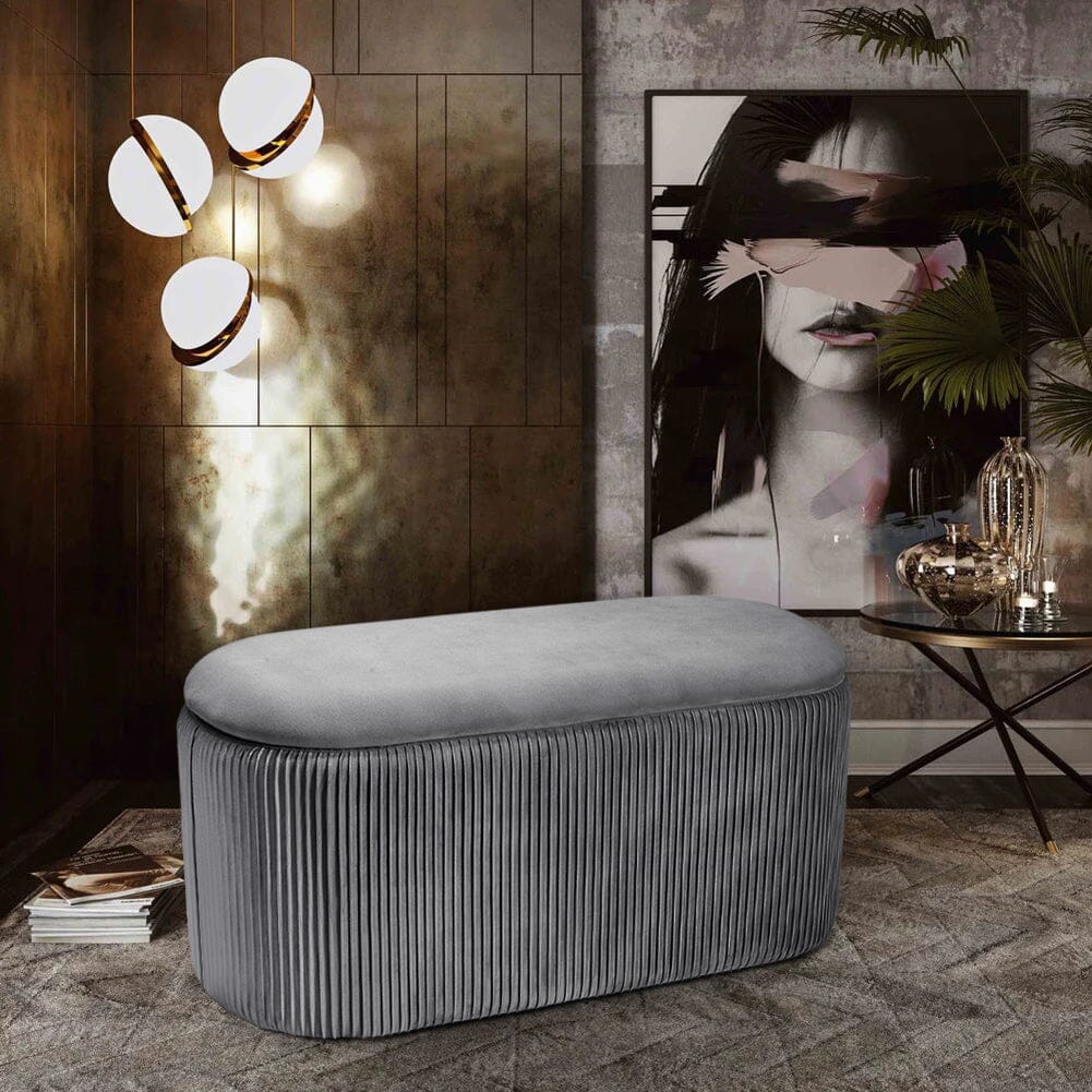 Slate Grey Velvet Storage Ottoman Stool 76x39x40.5cm with Pleated Design Living and Home 