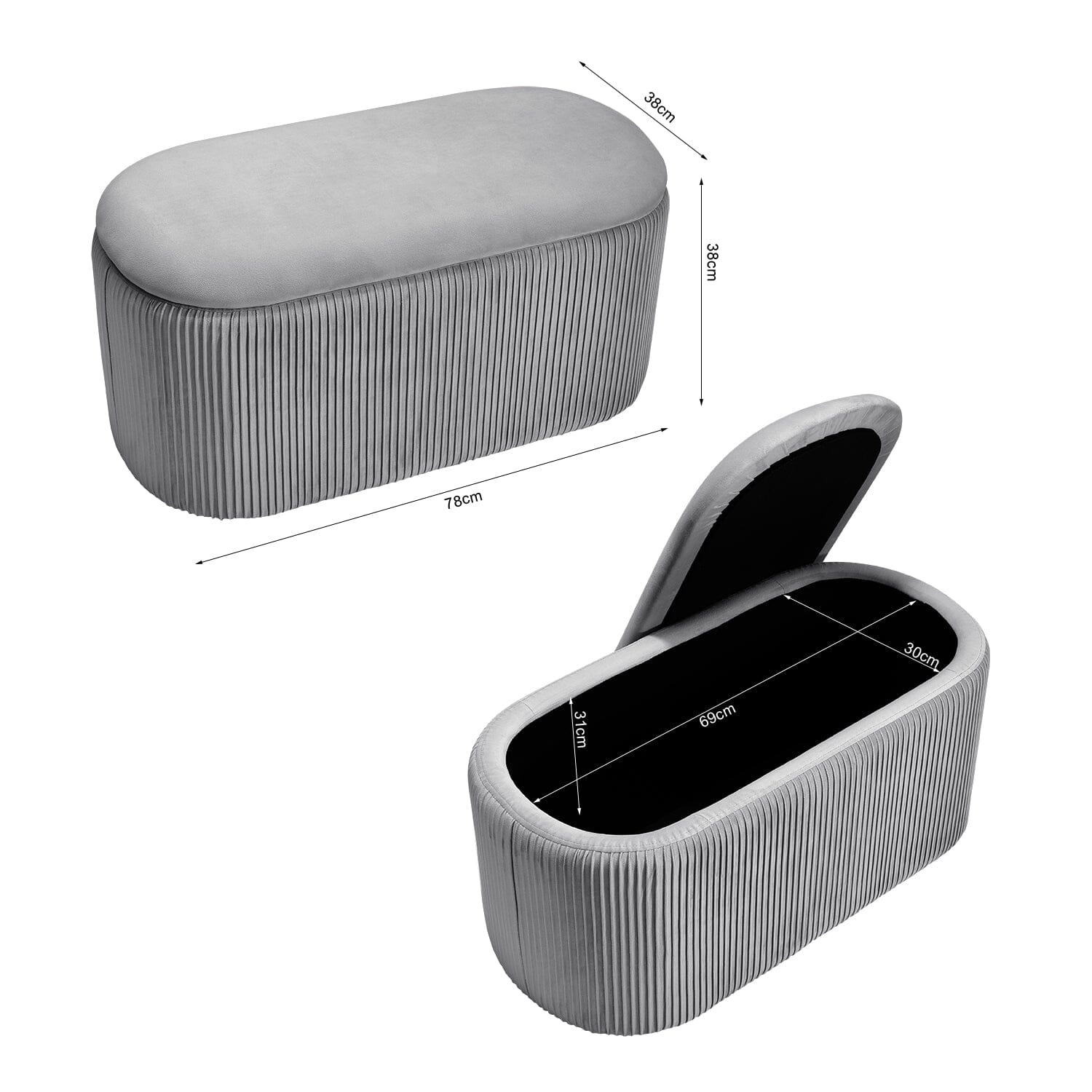 Slate Grey Velvet Storage Ottoman Stool 76x39x40.5cm with Pleated Design Living and Home 