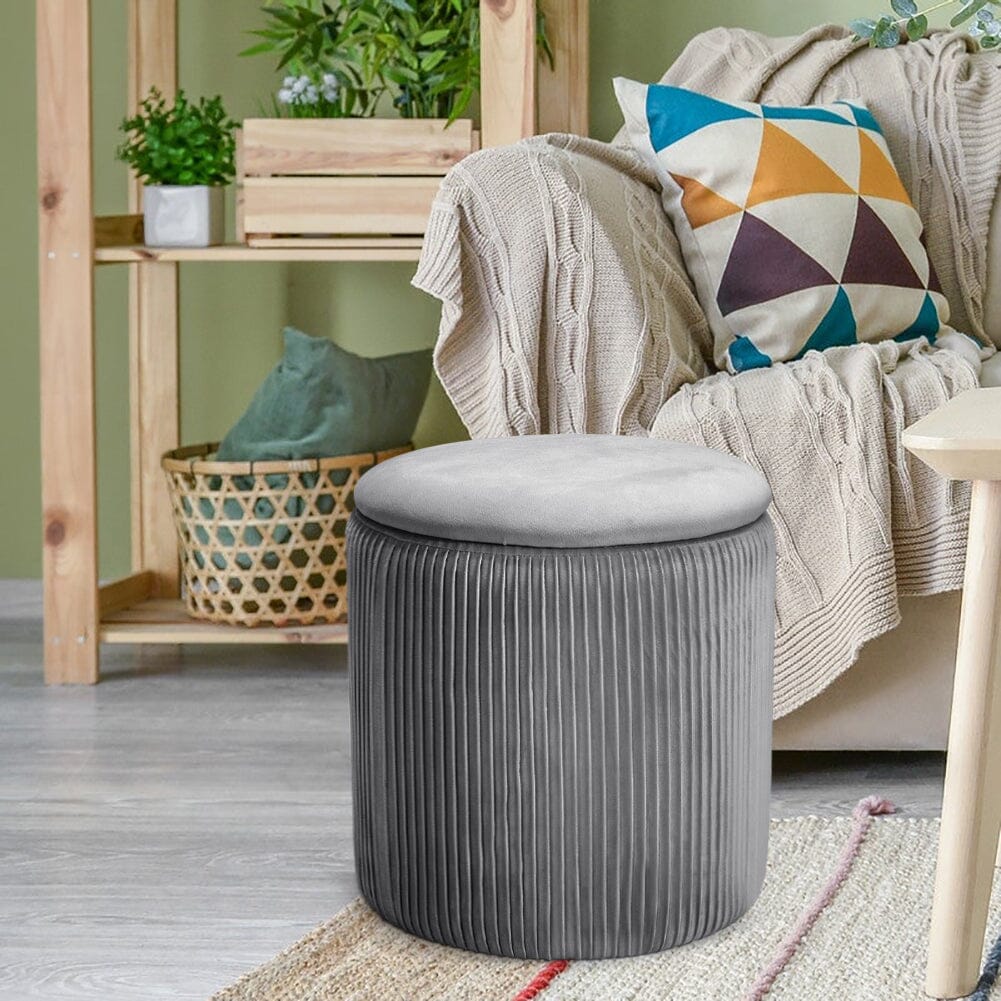 Slate Grey Velvet Cylindrical Storage Stool with Ribbed Design Living and Home 