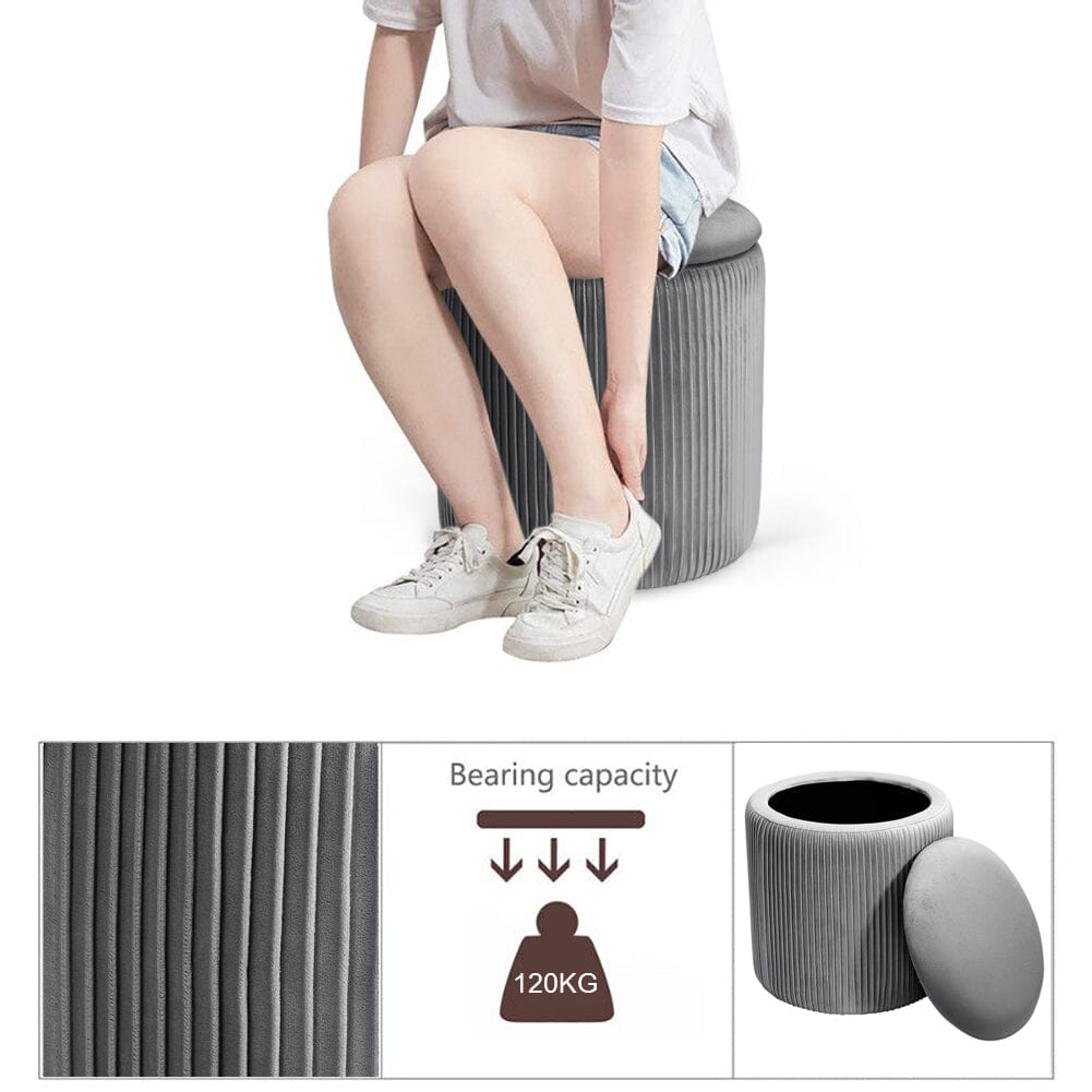Slate Grey Velvet Cylindrical Storage Stool with Ribbed Design Living and Home 