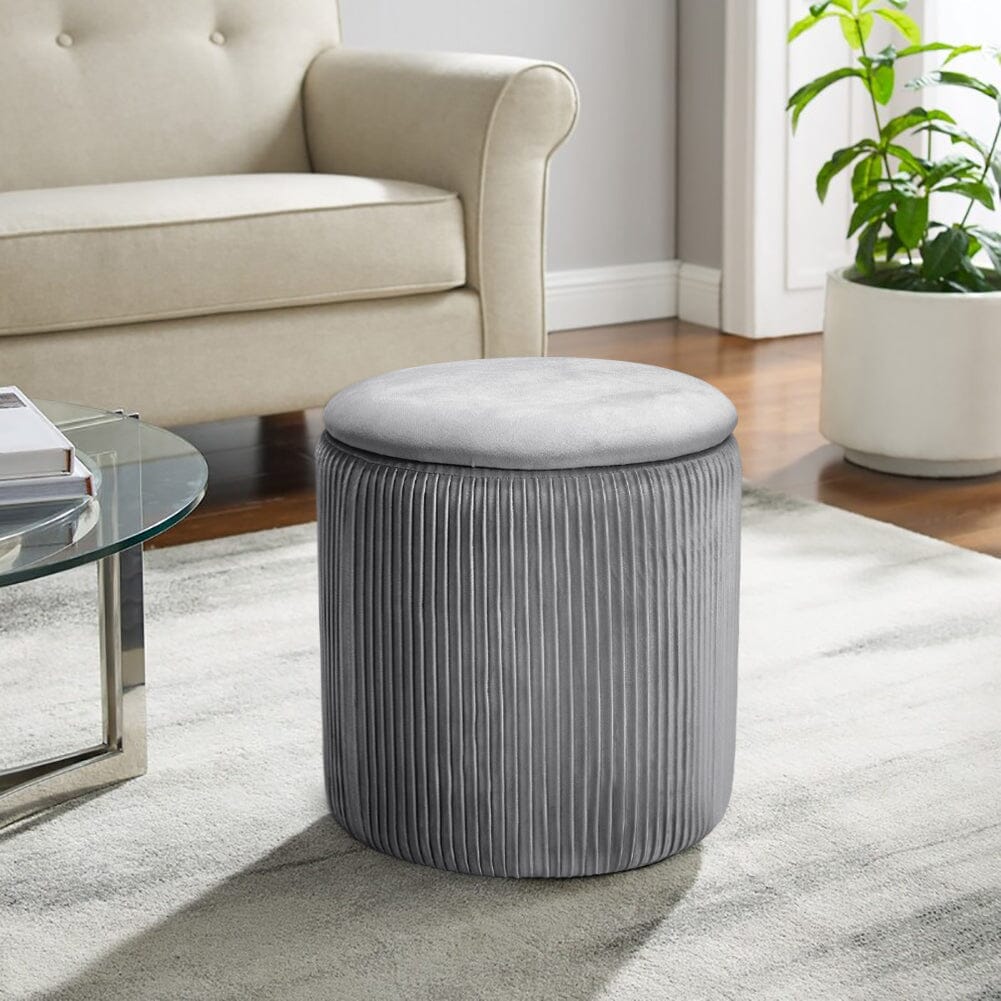 Slate Grey Velvet Cylindrical Storage Stool with Ribbed Design Living and Home 