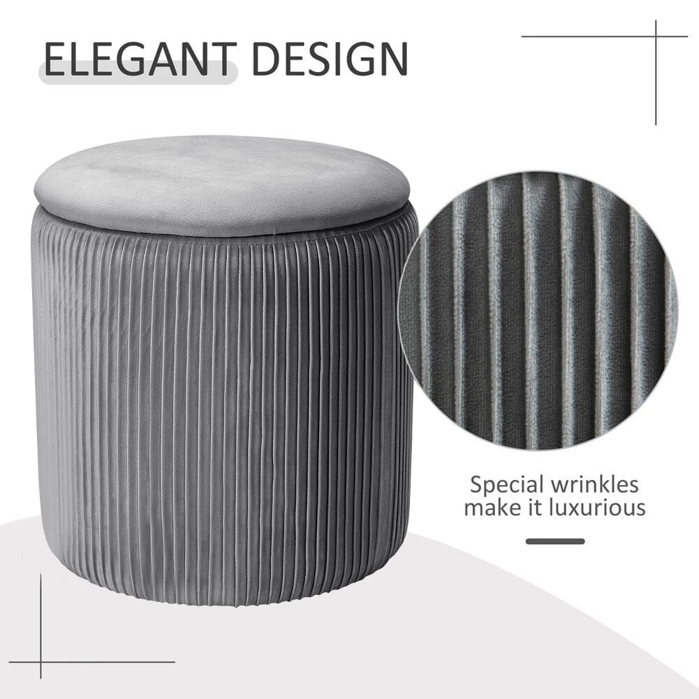 Slate Grey Velvet Cylindrical Storage Stool with Ribbed Design Living and Home 