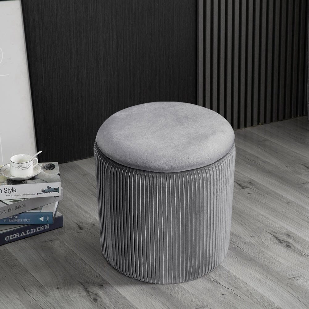 Slate Grey Velvet Cylindrical Storage Stool with Ribbed Design Living and Home 