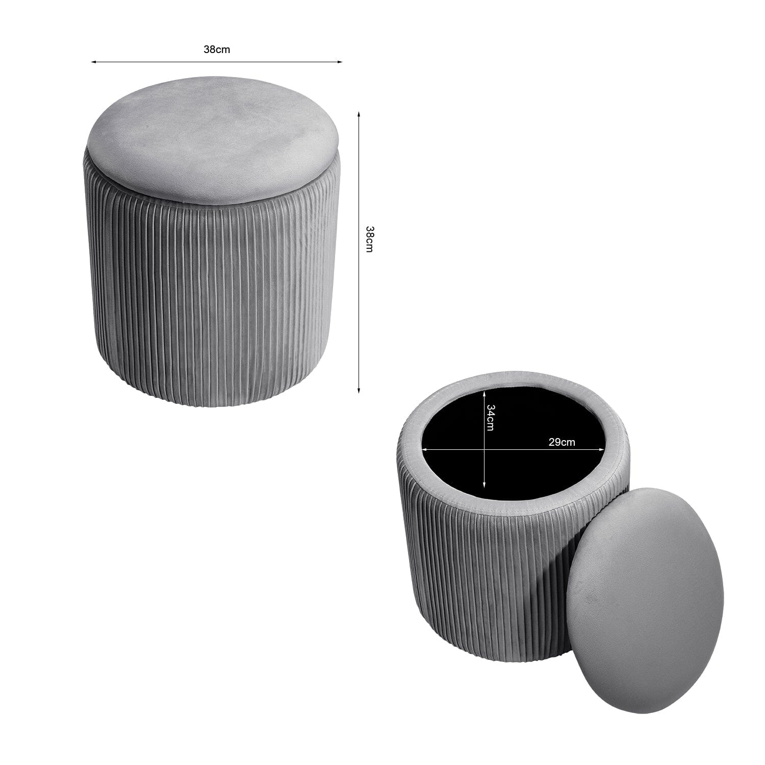 Slate Grey Velvet Cylindrical Storage Stool with Ribbed Design Living and Home 