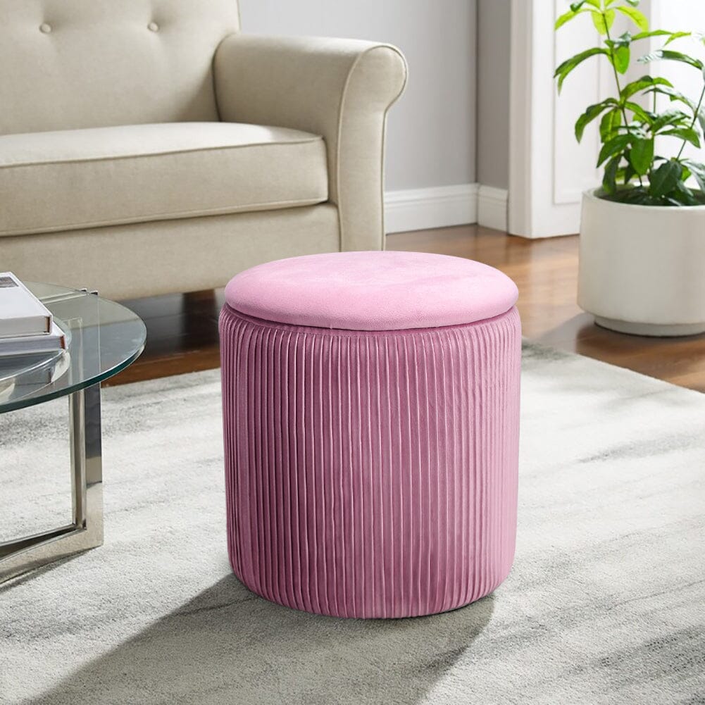 Dia. 38cm Round Ruched Velvet Padded Seat Ottoman Storage Footstool Lift-Off Lid Storage Footstools & Benches Living and Home Pink 
