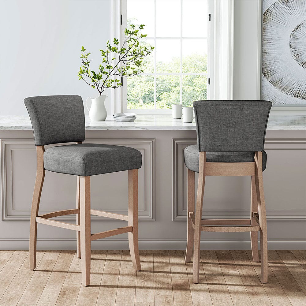 Set of 2 Linen Upholstered Bar Stool with Natural Wood Legs – Living