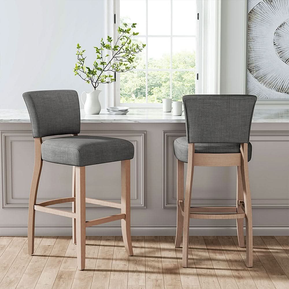 Set 2 Linen Upholstered Bar Stools Wood Legs