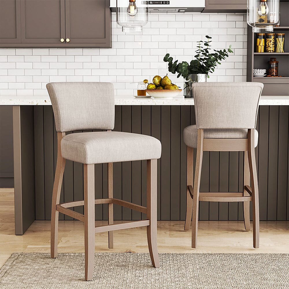 Set of Linen Upholstered Bar Stools with Natural Wood Legs