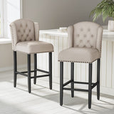 Set of 2 Linen Thick Padded Bar Stools Wooden Dining Stools Bar Stools Living and Home Beige 