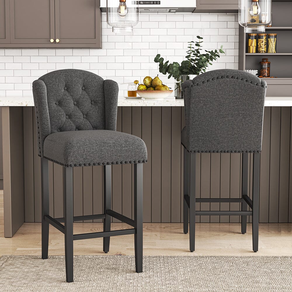 Set of 2 Linen Thick Padded Bar Stools Wooden Dining Stools Living and Home