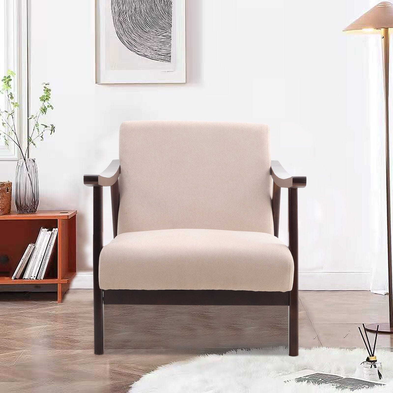 Mid-Century Modern Wooden Arm Accent Chair – Beige Tech Velvet Living and Home 
