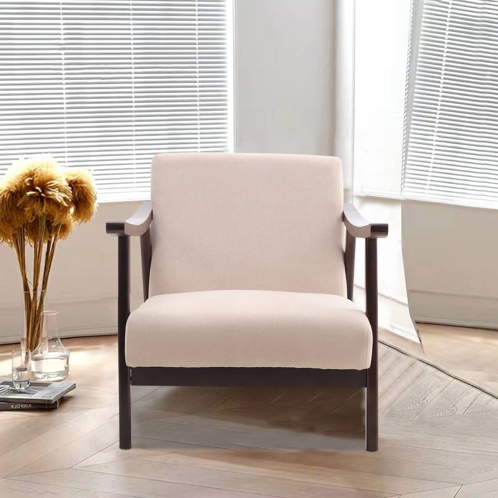 Mid-Century Modern Wooden Arm Accent Chair – Beige Tech Velvet Living and Home 