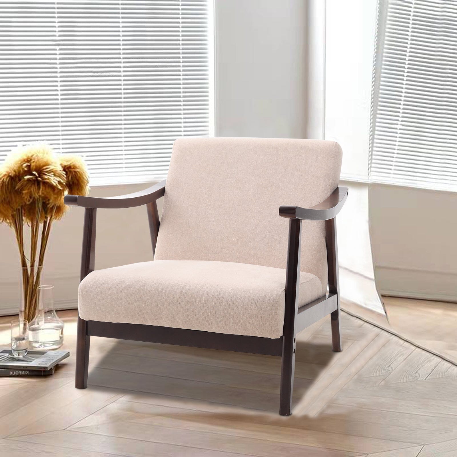 Mid-Century Modern Wooden Arm Accent Chair – Beige Tech Velvet Living and Home 