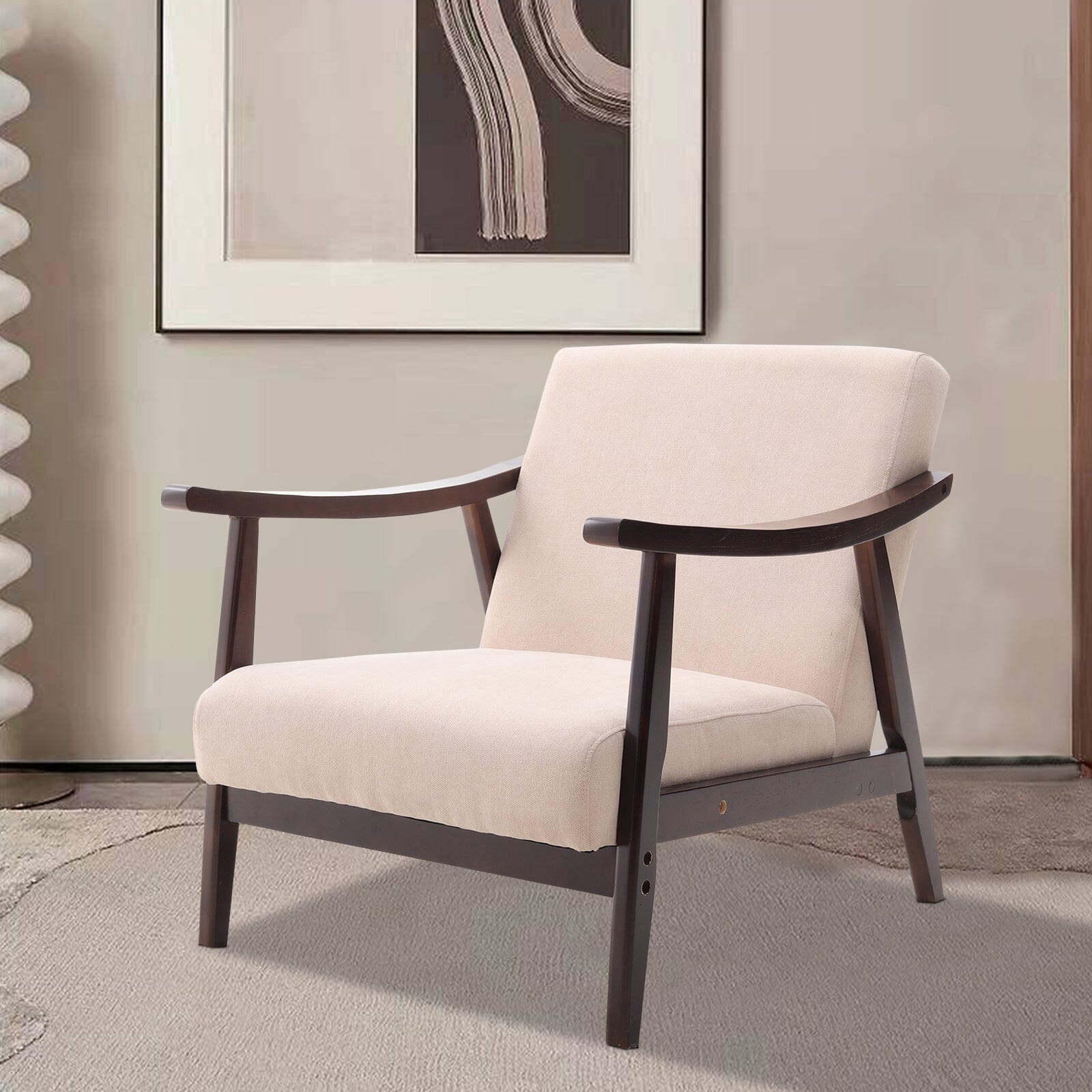 Mid-Century Modern Wooden Arm Accent Chair – Beige Tech Velvet Living and Home 