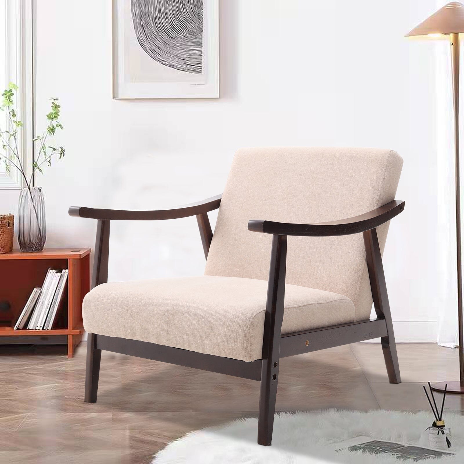 Mid-Century Modern Wooden Arm Accent Chair – Beige Tech Velvet Living and Home 
