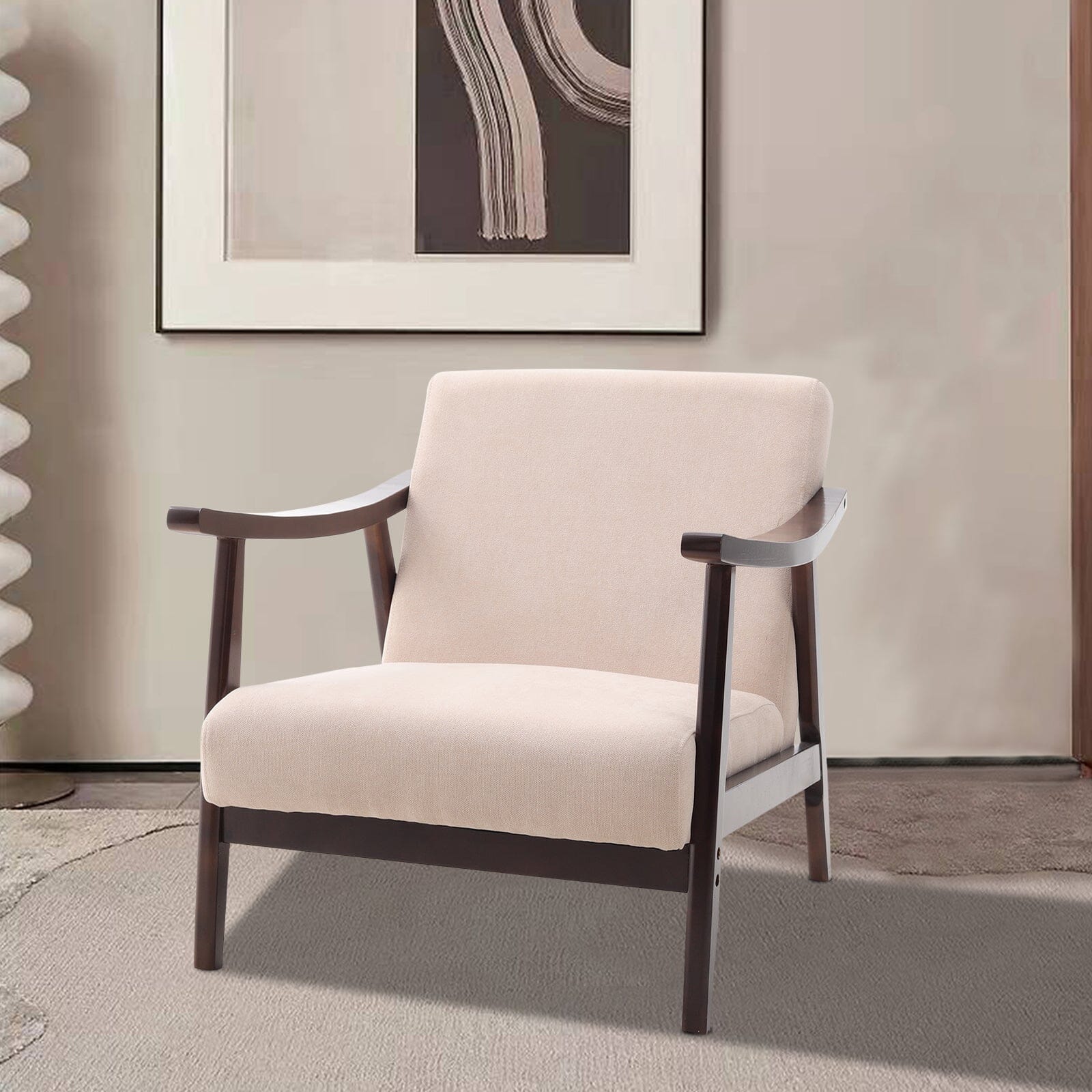 Mid-Century Modern Wooden Arm Accent Chair – Beige Tech Velvet Living and Home 